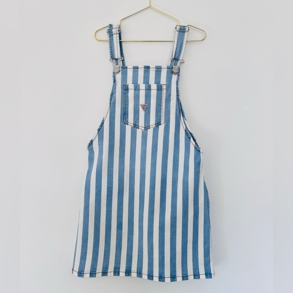 Guess Girls Blue White Striped Denim Pinafore Overall Dress Size 8